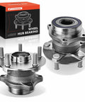 Two Rear Wheel Bearing And Hub Assemblies For Subaru Outback 2015 Through 2021 Forester 2019 Legacy 2015 Through 2021 Ascent 2019 Through 2021 WRX 2015 Through 2019 And WRX STI 2016 Through 2019 5 Lug Compatible Heavy Duty Hub Replacement shown with box packaging