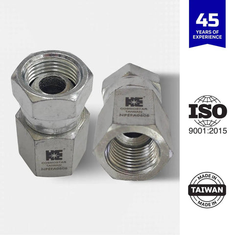 Three Eighths Inch NPTF Female To Three Eighths Inch NPSM Swivel Hydraulic Adapter For Pipe Fittings And High Pressure Hoses Built Tough From Carbon Steel With Rust Resistant Zinc Plating, shown front view