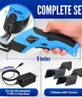 Powerful Heavy Duty Cordless Electric Scissors For Cardboard And Box Cutting With Safety Lock Rechargeable Cutter Kit Includes Two Extra Blades Protective Case Charging Cable And Manual, 9-inch blue tool