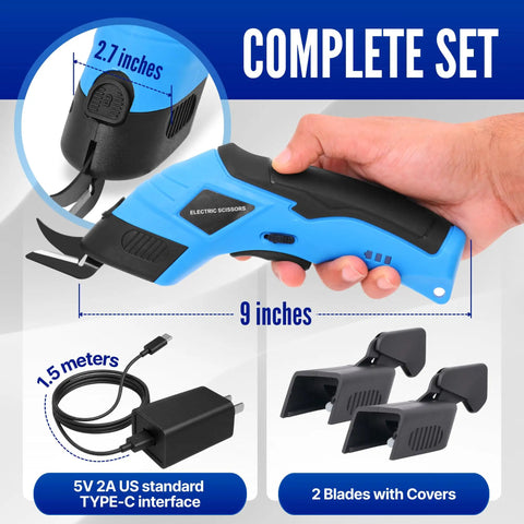 Powerful Heavy Duty Cordless Electric Scissors For Cardboard And Box Cutting With Safety Lock Rechargeable Cutter Kit Includes Two Extra Blades Protective Case Charging Cable And Manual, 9-inch blue tool