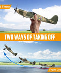 3 Channel RC Plane Spitfire Fighter with hand launch and ground take-off in action showing 2.4GHz control and 6-axis gyro