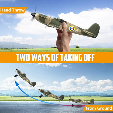 3 Channel RC Plane Spitfire Fighter with hand launch and ground take-off in action showing 2.4GHz control and 6-axis gyro