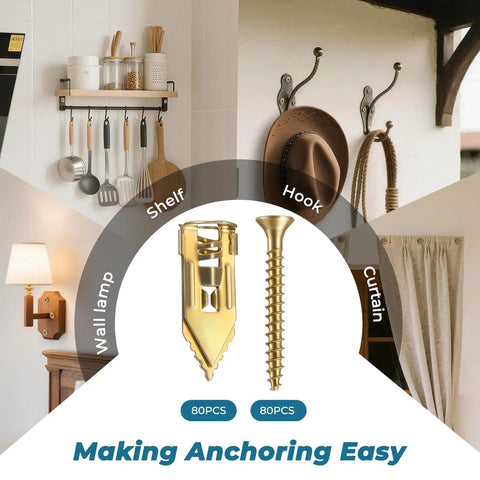 Effortless Self Drilling Drywall Anchors Kit With Screws 160Pcs Zinc Winged Anchors for Shelves, Hooks, and Curtains.