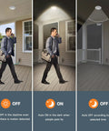 Heavy Duty Motion Sensor Led Ceiling Light 6 Inch 16W 1000 Lumen 3Cct Adjustable Disc Fixture in outdoor setting with man walking.