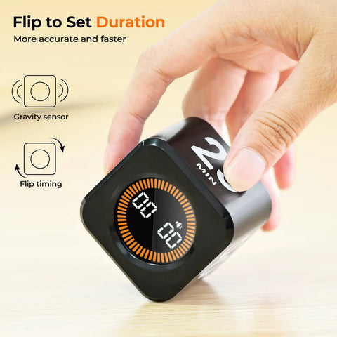 Hand flipping a Gravity Flip Pomodoro Timer Cube For Focus Boost With Four Presets Five Ten Twenty Five And Fifty Minutes Rechargeable
