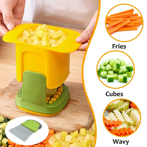HONSNKS kitchen hand-press cutter with yellow hopper and green base; potato cubes visible in hopper