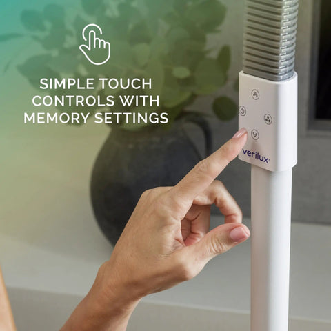 Close-up of hand using controls on Lit Full Spectrum LED Floor Lamp With Adjustable Brightness And Flexible Gooseneck Easy Controls