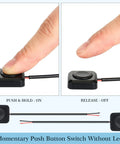 Four Pack Momentary Push Button Switches 12V 24V Surface Mount Mini Button, finger pressing, wiring visible, adhesive back