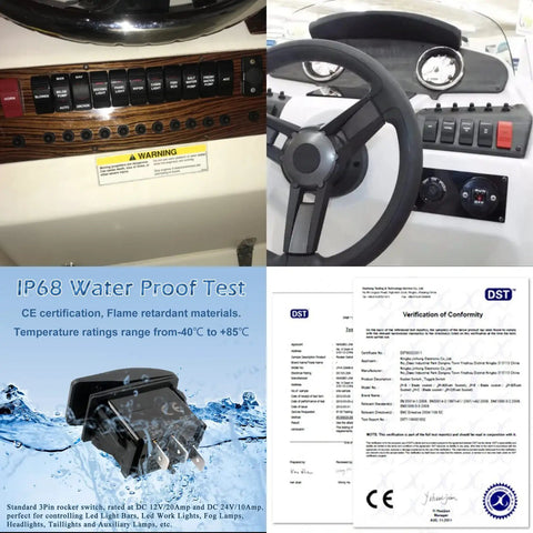 3 Pin Boat Rocker Switch SPST On Off Waterproof IP68 For Marine Use 12V 24V Dual Voltage With Blue LED Indicator, Easy Wiring, Heavy Duty Marine Grade Panel Mount, Ready To Wire For Boats Yachts Pontoon installed on boat dashboard