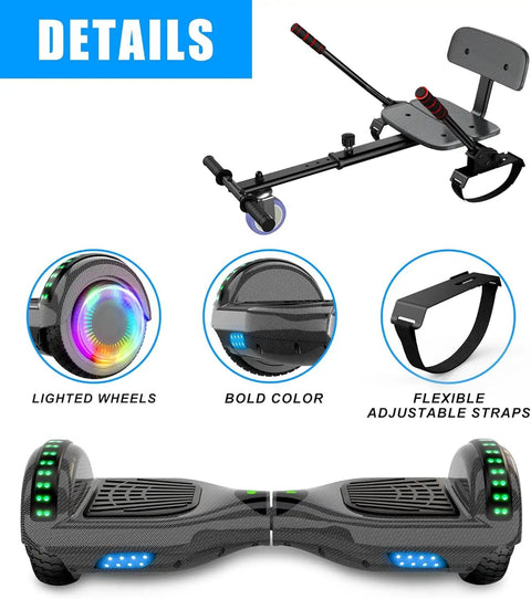 Seat Attachment For 6.5 Inch Self Balancing Scooters Go Kart With Bluetooth And LED Lights, adjustable comfort details