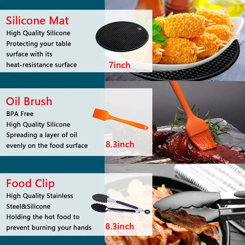 17 Piece Must Have Kickass Air Fryer Accessory Kit For 7 Inch Square Pans And Racks Silicone Mat, Oil Brush, Food Clip