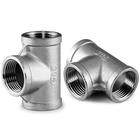 One Half Inch NPT Tee Female 3 Way Pipe Fitting Cast Stainless Steel 304 set of two for home plumbing and air lines