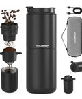Portable All-In-One Coffee Maker With Built-In Battery And Grinder, Cordless Travel Brew System for Camping Or Car Trips, showing its components including insulated mug and carry case.