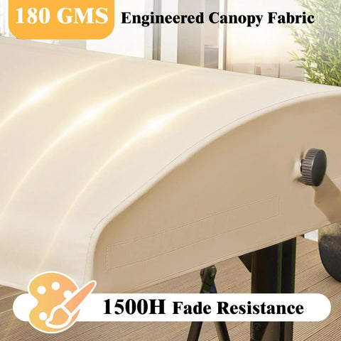 Khaki One-Piece Outdoor Swing Canopy Replacement Cover For 3-Seat Porch Swing UV-Resistant Weatherproof No-Brainer Quick Swap Easy Install For Deck Patio Swing, close-up of fabric texture and knob.