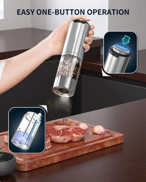 Electric Pepper Grinder Stainless Steel Rechargeable With External Coarseness Dial 95ml Capacity White LED Light Silver Finish For Freshly Ground Pepper On The Fly in use over steak