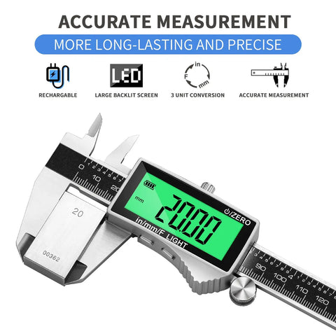 Rechargeable Digital Caliper With USB Type C, Large Backlit LCD Display, 6 Inch Stainless Steel Vernier Caliper measuring 20.0 mm
