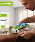 4V Cordless Electric Scissors For Cardboard Cutting With 4 Sk5 Blades Heavy Duty Power Tool For Leather And Fabric Seamlessly Slices Thick Materials Up To Point Three Five Inch quick blade swap design user friendly ergonomic grip perfect for crafters cutting leather in a workspace.
