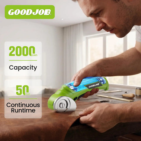 4V Cordless Electric Scissors For Cardboard Cutting With 4 Sk5 Blades Heavy Duty Power Tool For Leather And Fabric Seamlessly Slices Thick Materials Up To Point Three Five Inch quick blade swap design user friendly ergonomic grip perfect for crafters cutting leather in a workspace.