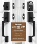 Black Front Door Handle With Passage Lever No Lock Exterior Door Handle For Left Or Right Hand Doors Reversible shown with locks