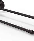 Que Collection 36 Inch Double Towel Bar in Antique Bronze, solid brass bath hardware with concealed screws, dual bar design.