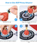 How to Use SUP Pump Adaptor, Two Pack Stand Up Paddle Board Pump Adapters With Leak Proof Air Valves For Quick Inflation And Deflation Of Inflatable Boats Kayaks And More Durable Rubber Brass PA66 Construction, shown on SUP valve