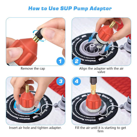 How to Use SUP Pump Adaptor, Two Pack Stand Up Paddle Board Pump Adapters With Leak Proof Air Valves For Quick Inflation And Deflation Of Inflatable Boats Kayaks And More Durable Rubber Brass PA66 Construction, shown on SUP valve