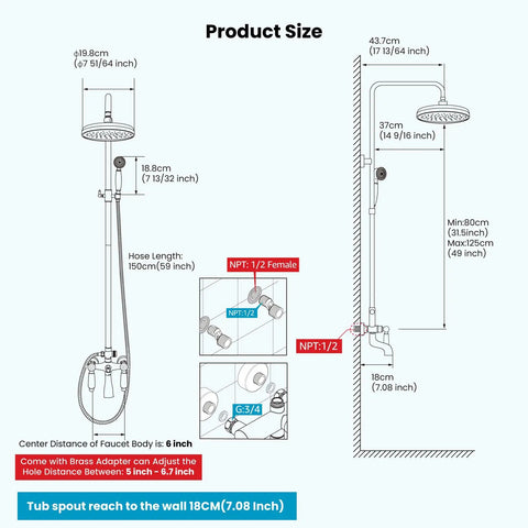 Antique Brass Shower Faucet With 8 Inch Rain Head And Handheld Spray Double Lever Handle Tub Spout Triple Function Wall Mount Bath Fixture Anti Rust Corrosion Resistant Built To Last diagram with measurements