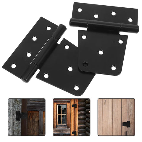 Heavy Duty Weld On Gate Hinges Three Point Five Inch Black Iron visible on varied wooden gates in two-pack