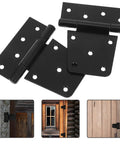 Heavy Duty 3.5 Inch Weld On Gate Hinges Black Steel For Barn Doors Wood Fences Patio Yard Gates 2 Pack displayed with doors