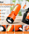 Mini LED Flashlight in orange, keychain design, compact size, USB-C rechargeable, ideal for portability and brightness.