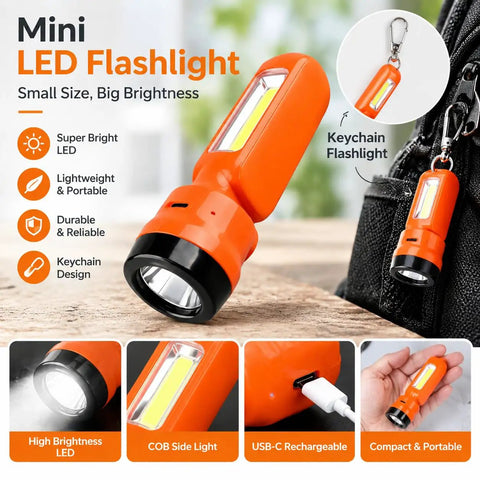 Mini LED Flashlight in orange, keychain design, compact size, USB-C rechargeable, ideal for portability and brightness.