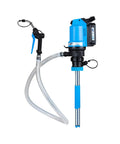 Heavy Duty Battery Powered Oil Transfer Pump Kit For Five Gallon Buckets with hose and trigger nozzle for fluid transfer.