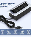Desktop Pop Up Outlet With 2 USB Ports And 3 Outlets, Silver Finish, showing safety features and recessed pop-up design.