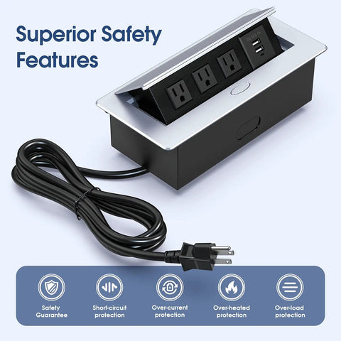 Desktop Pop Up Outlet With 2 USB Ports And 3 Outlets, Silver Finish, showing safety features and recessed pop-up design.