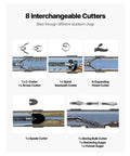 8 interchangeable cutters for Heavy Duty Auto Feed Drain Cleaner Machine With 100 Ft Steel Cable, portable for diverse clogs.