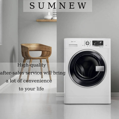 Front view of a modern white washing machine in a stylish laundry room, wooden chair and shelf background.