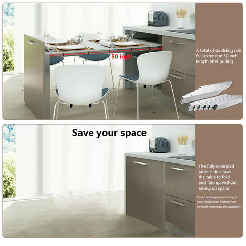 Top Shelf Heavy Duty Aluminum Telescopic Table Extension Slides Built Tough With Silent Glide Motion Perfect For Kitchen Countertops And Dining Tables Silver Sixty Four Inch Length Easy Setup in a modern kitchen setting.