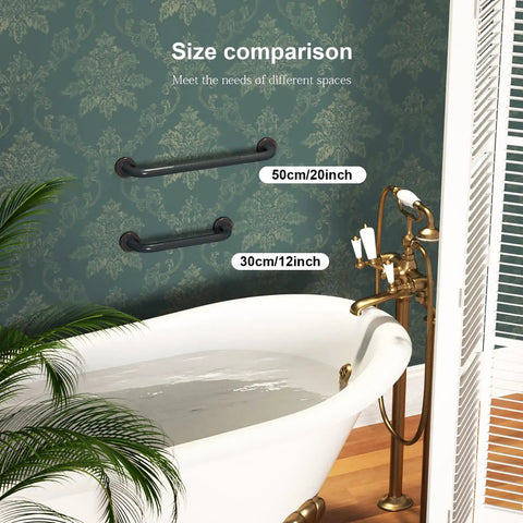 Size comparison of 12 Inch Anti Slip Shower Grab Bar In Antique Brass, shown with a bathroom setting and a white bathtub.