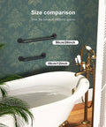 Size comparison of 20 inch and 12 inch shower grab bars in oil rubbed black bronze and antique brass finish above bathtub.