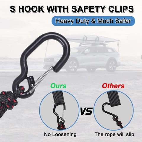 Close-up of Heavy Duty Kayak Tie Down Straps With S Hook And Safety Clip, One Quarter Inch By Twelve Feet, showing secured attachment.