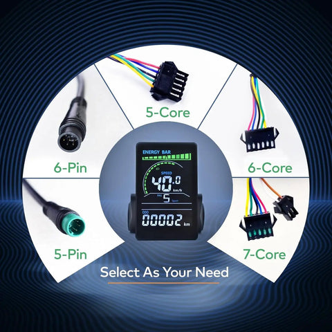 Ebike Display M6C UART No 2 Protocol LCD Cycling Computer with connector options, 5 to 7 core cables, central screen display