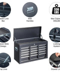 9 Drawer Rolling Tool Chest With Wheels And Lock Top Box With 5 Drawers And Bottom Cabinet With 4 Drawers Removable Design For Easy Split Use Heavy Duty Steel Storage For Workshop Garage Or Shop, open lid and lock system