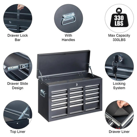 9 Drawer Rolling Tool Chest With Wheels And Lock Top Box With 5 Drawers And Bottom Cabinet With 4 Drawers Removable Design For Easy Split Use Heavy Duty Steel Storage For Workshop Garage Or Shop, open lid and lock system