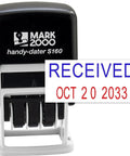 Smooth Operator Self Inking Date Rubber Stamp With Received Phrase And Dual Blue Red Ink Cartridges Easy Swap Design For Office Desk Workhorse Built Different Heavy Duty 12 Year Rolling Band showing date of OCT 20 2033.