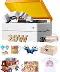 xTool M1 Ultra desktop 4-in-1 laser engraver with orange lid; white base, 20W bundle with sample crafts