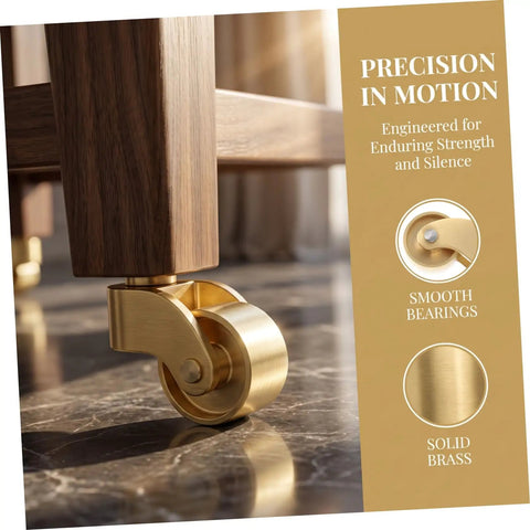 4-Pack Brass Heavy Duty Furniture Casters Gliding Smooth As Silk With 360 Swivel Capability To Move Heavy Loads Across Floors Effortlessly While Protecting Surfaces With Durable Rubber Pads close-up of solid brass caster under wooden furniture