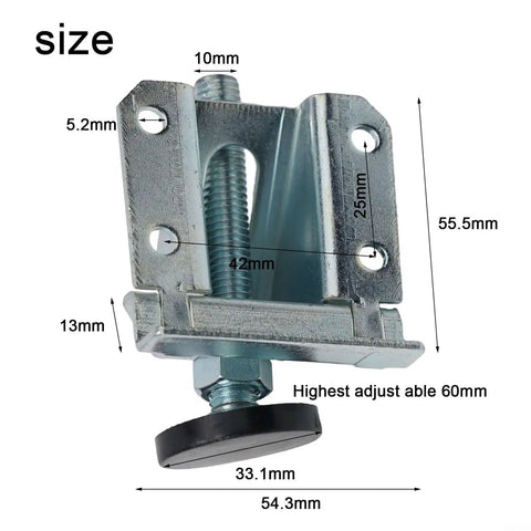 4 Pack Adjustable Cabinet Leveling Feet Steel Furniture Leg Levelers With Lock Nuts For Tables Benches Workbenches And Cabinets Provides Rock Solid Wobble Free Support Raises Furniture Off Damp Floors Delivers Heavy Load Capacity And Easy Install, close-up of leveling foot with dimensions