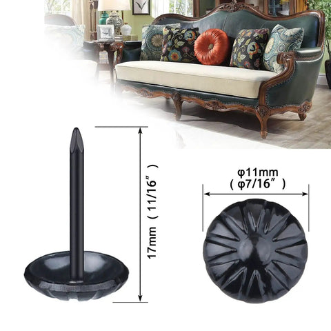 Big Time Badass Antique Daisy Upholstery Tacks For Furniture And Sofas 7/16 inch black decorative nails with measurements.