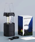 Hand Crank Solar Camping Lantern With 3000mAh Battery, USB cable, box packaging, showing durable design and features.