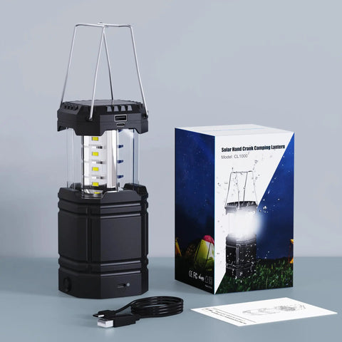 Hand Crank Solar Camping Lantern With 3000mAh Battery, USB cable, box packaging, showing durable design and features.